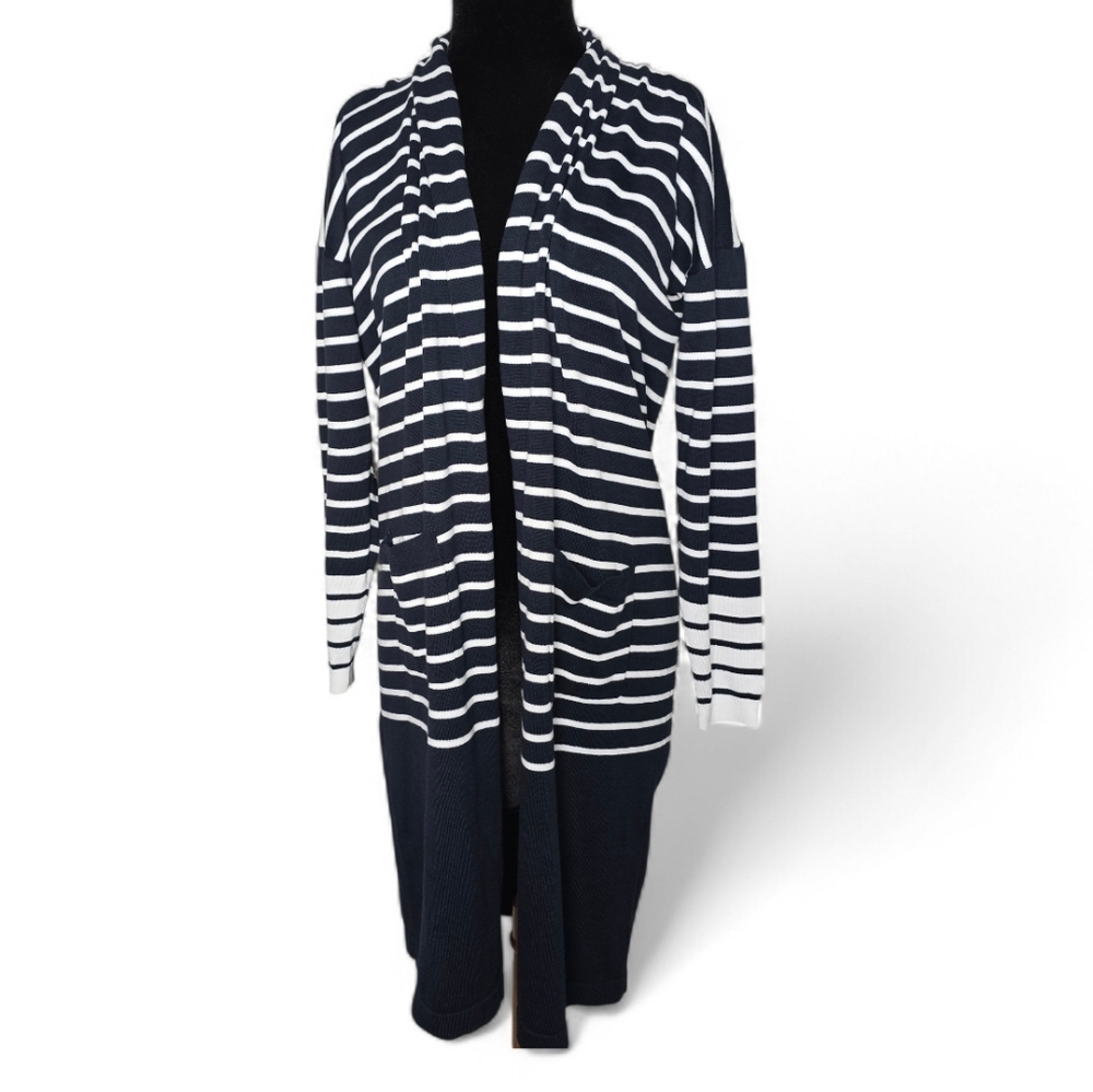 CAbi Boathouse Fuster Cardigan Sweater Navy White Open Front 6243